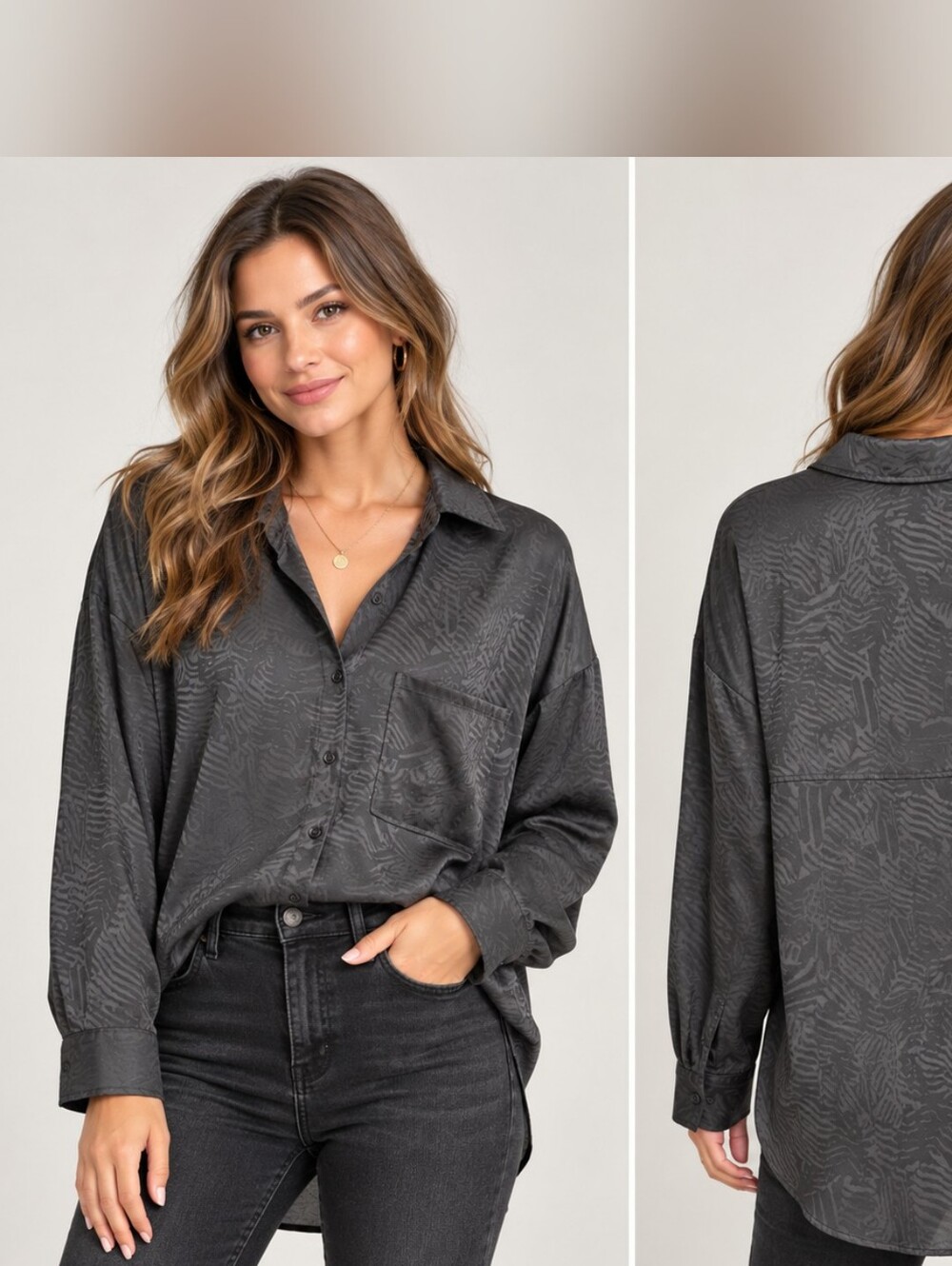 VICI Sherlyn Satin Embossed Black Button Down Blouse Top Medium
